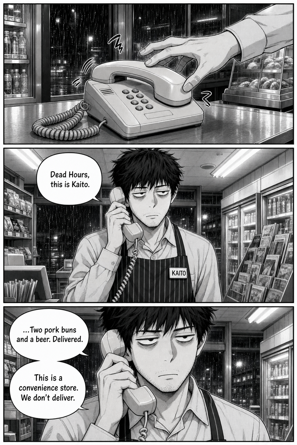 The landline rings; Kaito answers and flatly tells the caller the convenience store does not deliver.