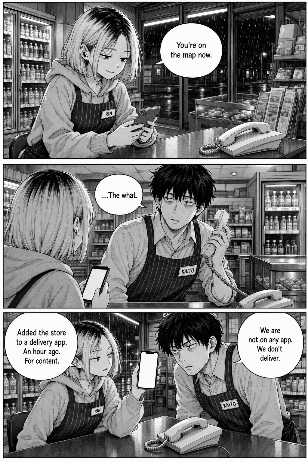 Rin says she added the store to a delivery app for content; Kaito insists they are not on any app.