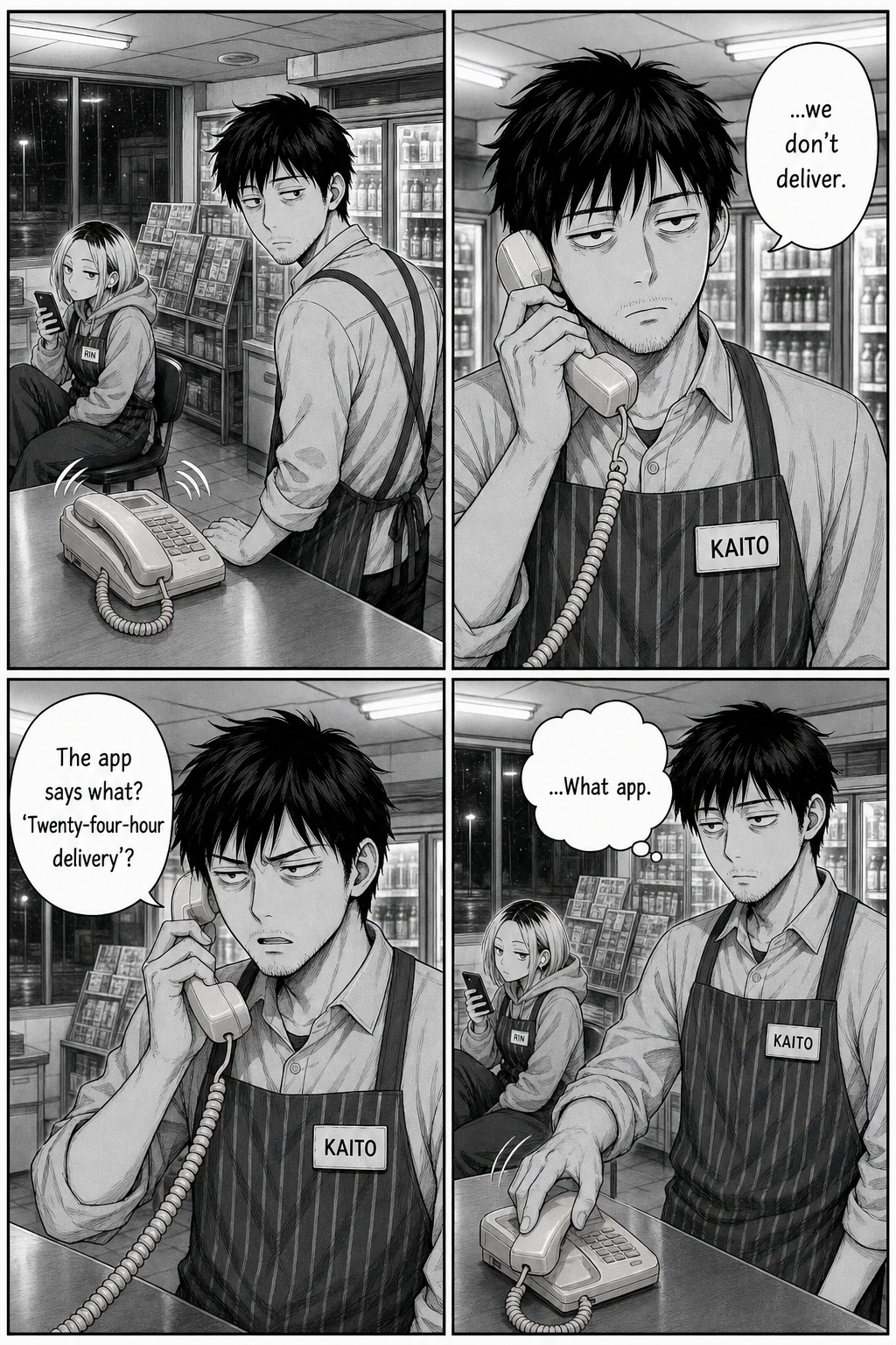 The phone rings again; Kaito repeats his refusal and begins to spiral over the mysterious app.