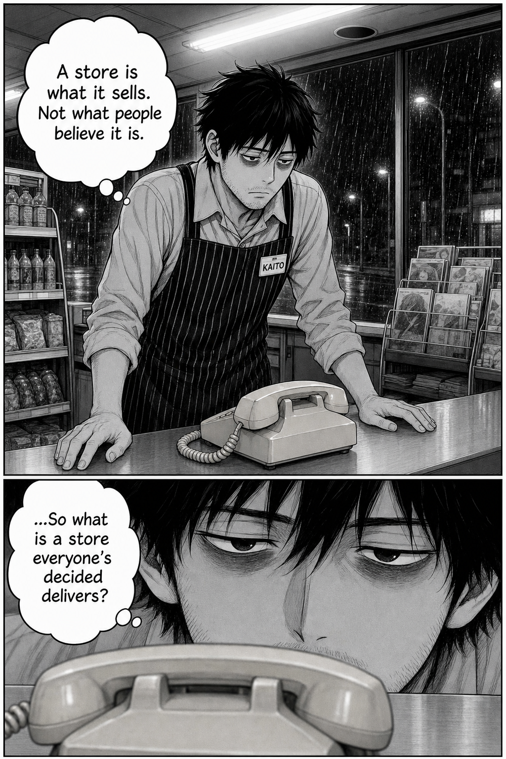 A quiet two-panel beat: Kaito wonders what a store becomes when everyone has decided it delivers.