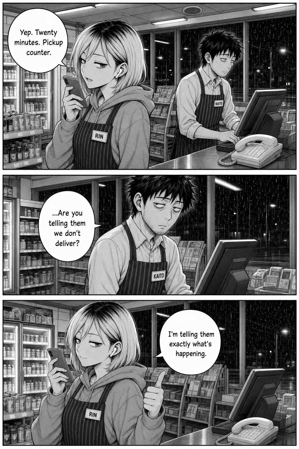 Rin quietly takes an order on her own phone while Kaito misreads her as backing him up.