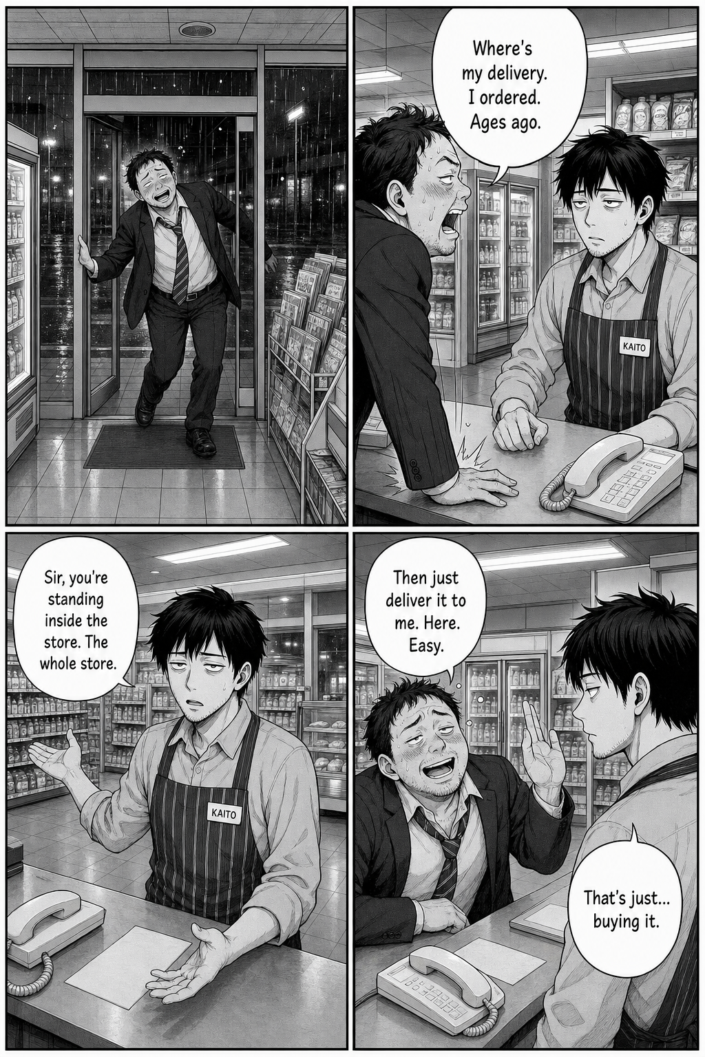 A drunk salaryman demands his delivery; Kaito points out the man is standing inside the whole store.