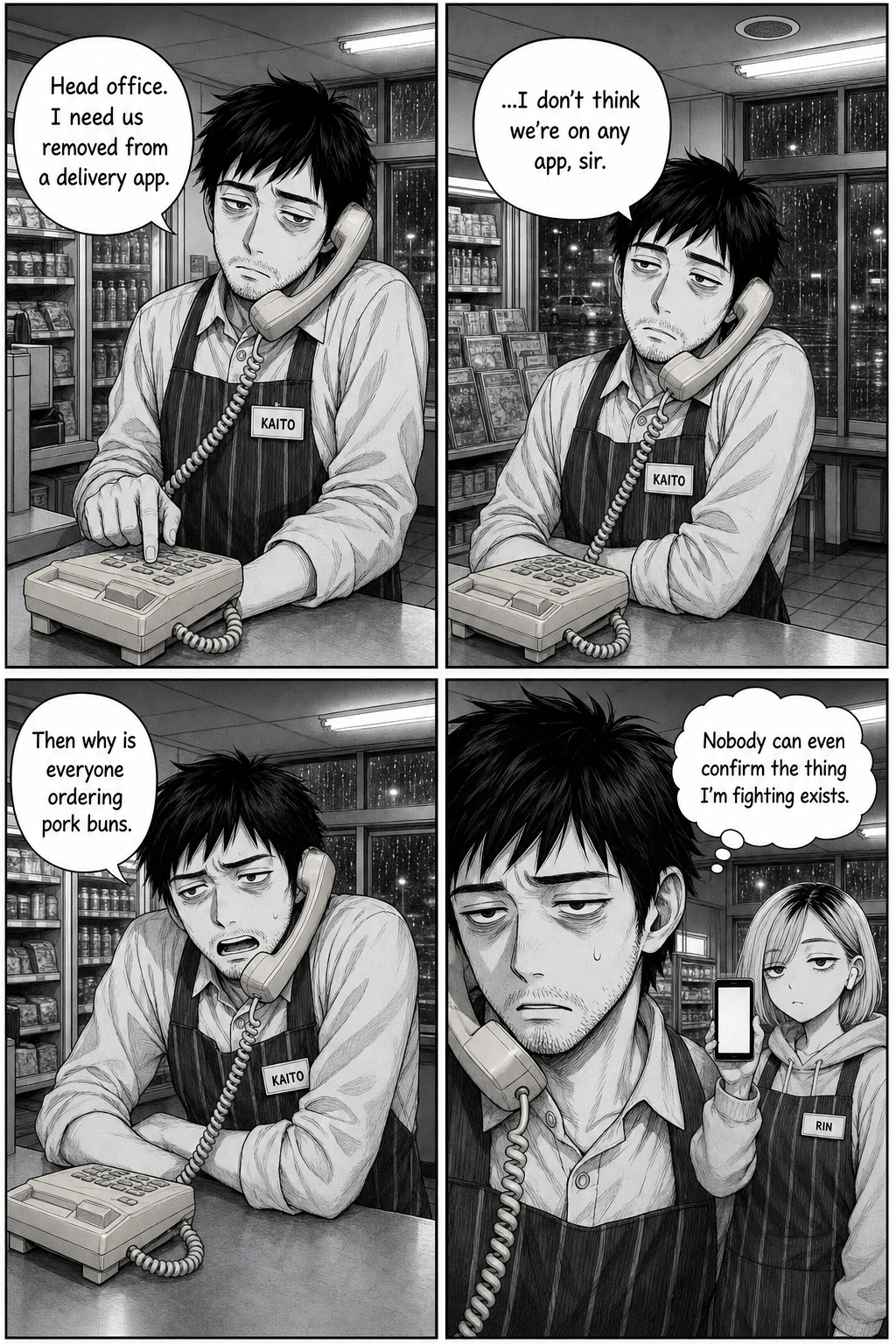 Kaito phones head office to be removed from the delivery app, but nobody can confirm it even exists.