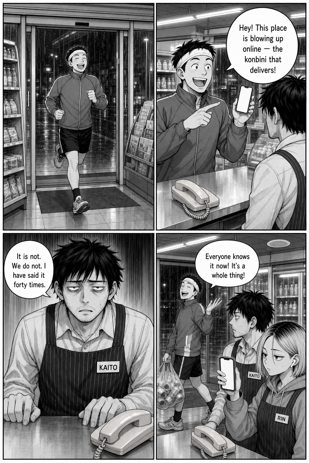 A cheerful jogger says the store is famous online for delivering; Kaito insists it isn't, forty times over.