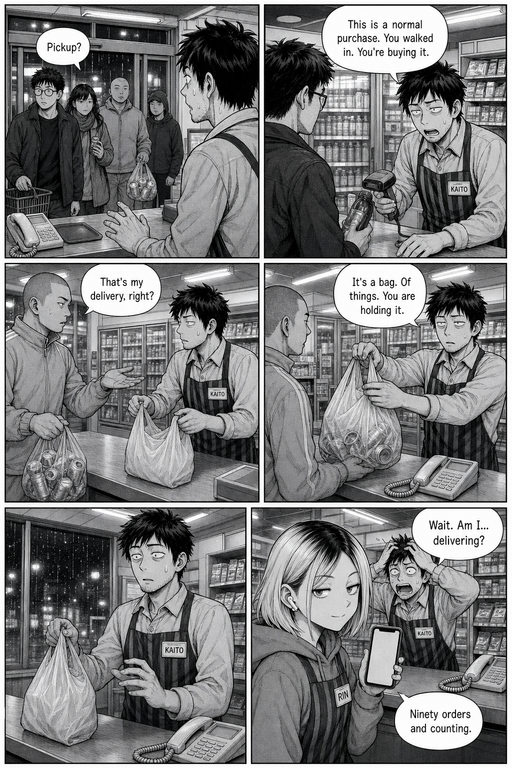 A rush of app customers arrives to "pick up"; Kaito realizes he is functionally delivering.