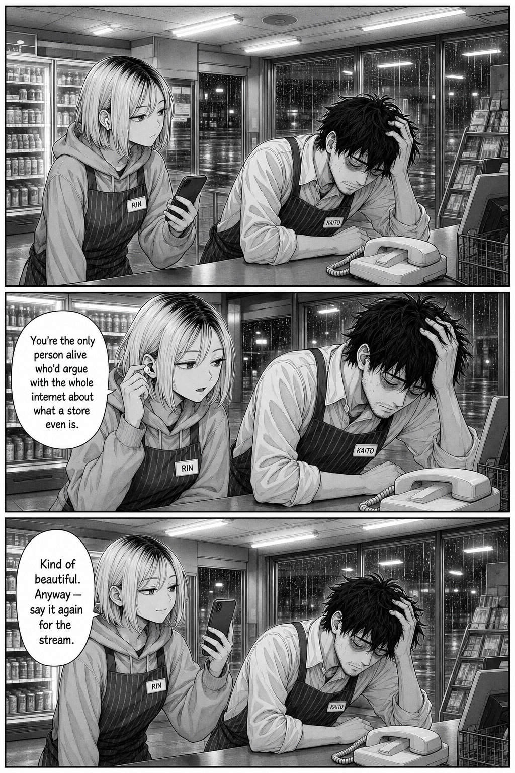 Rin has a rare sincere moment about Kaito before raising her phone to film again.