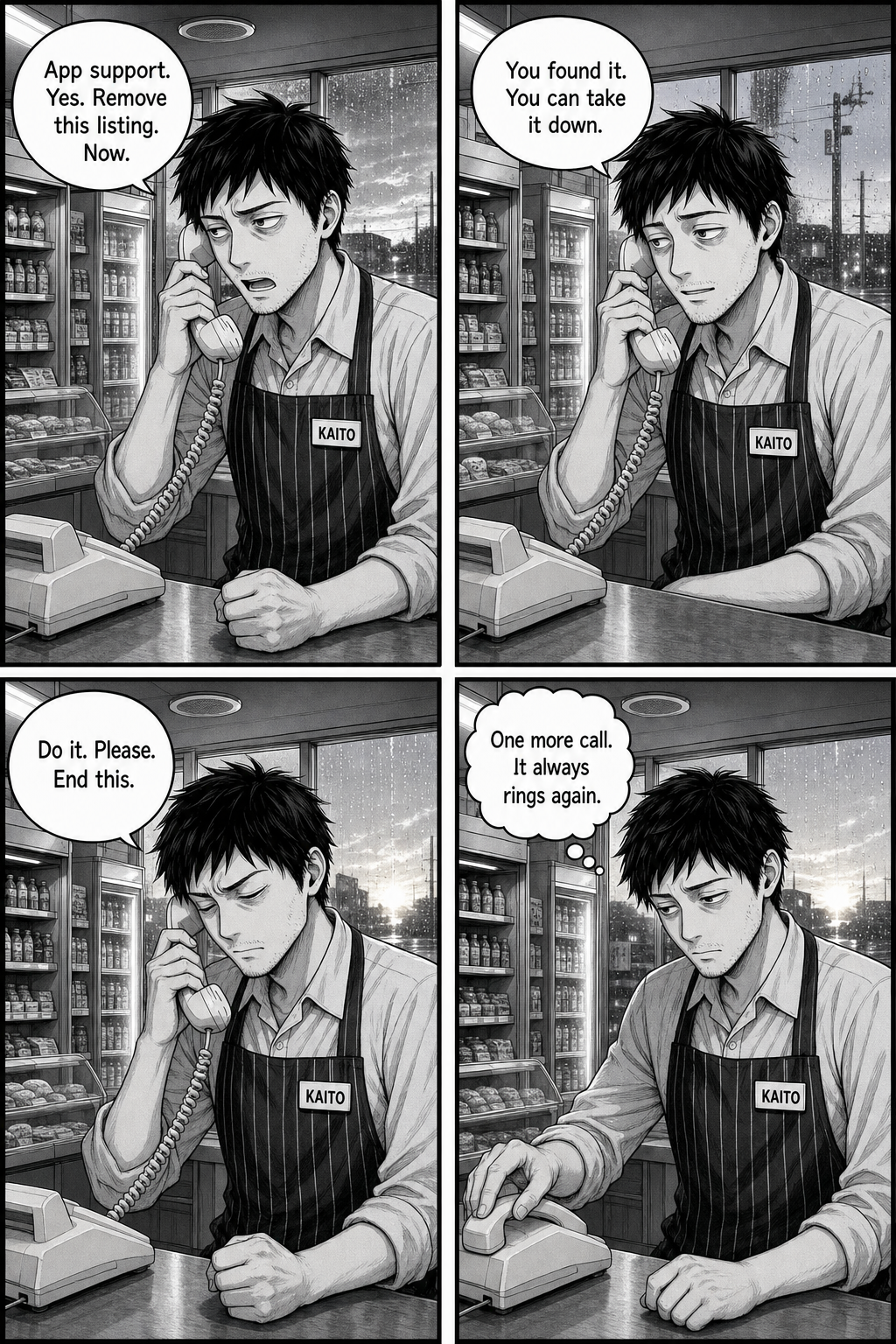 Kaito finally reaches app support and begs them to take the listing down as dawn breaks.
