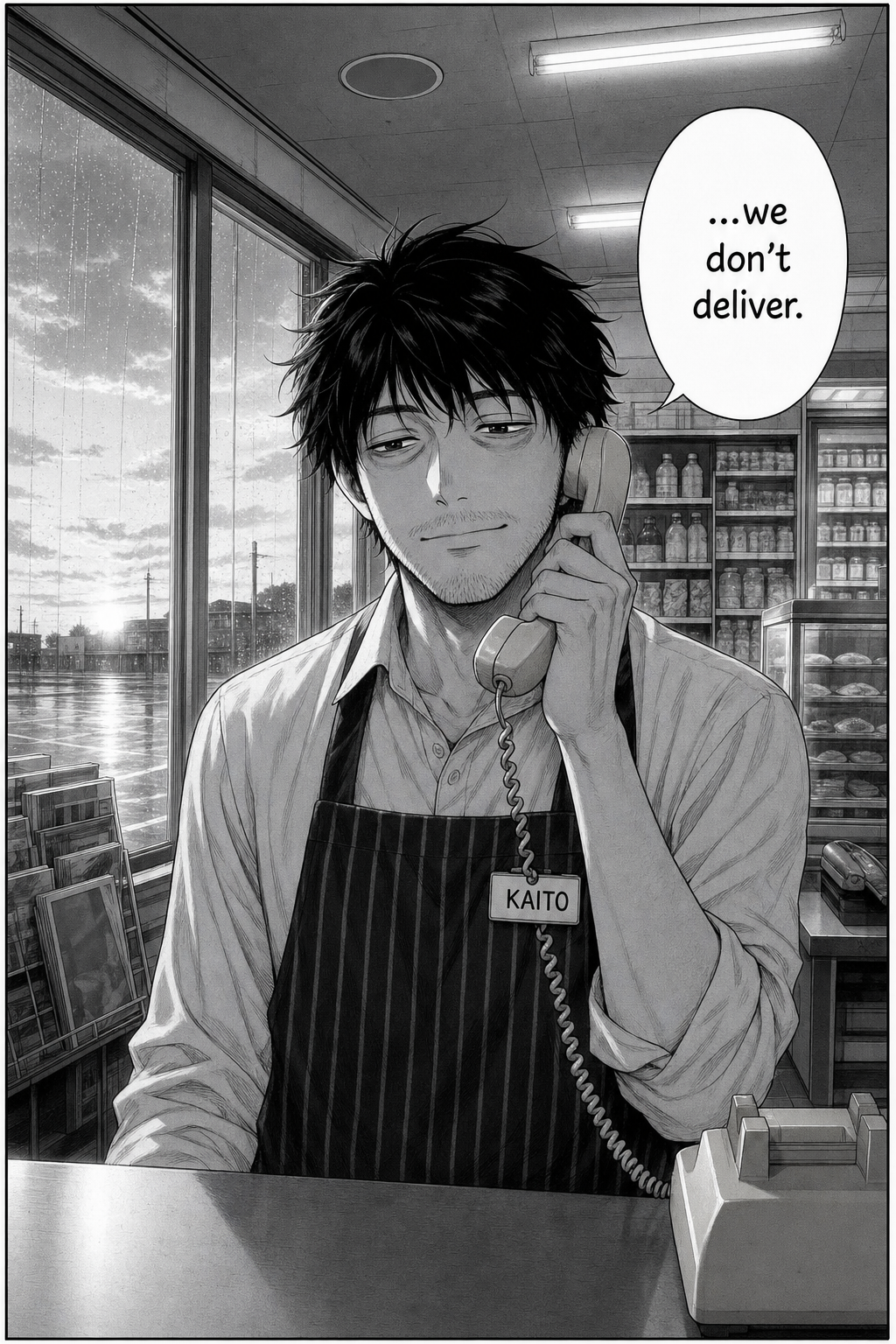 A dawn-lit splash panel: Kaito serenely says "we don't deliver" into a now-silent, dead phone line.