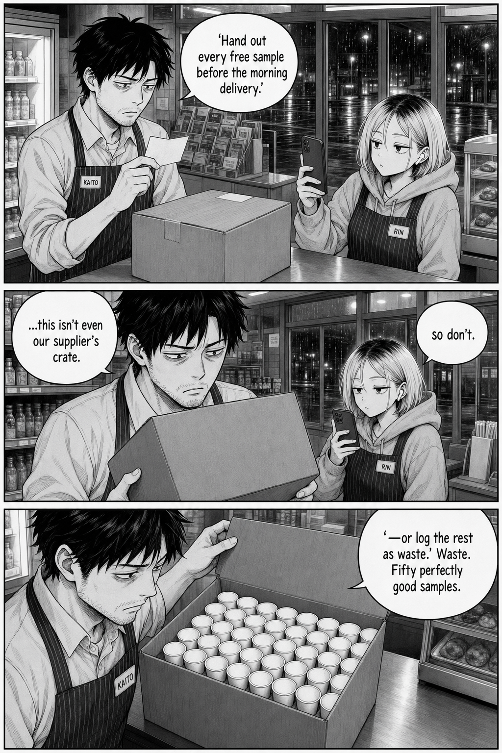 Three panels: Kaito reads a note off a plain crate while Rin films him; he frowns suspiciously at the crate; he opens it to reveal rows of tiny blank white cups.