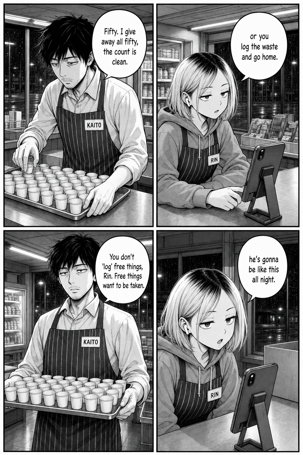 Four panels: Kaito arranges tiny cups on a tray; Rin props her phone on a stand; Kaito holds the loaded tray resolutely; Rin addresses her phone deadpan.