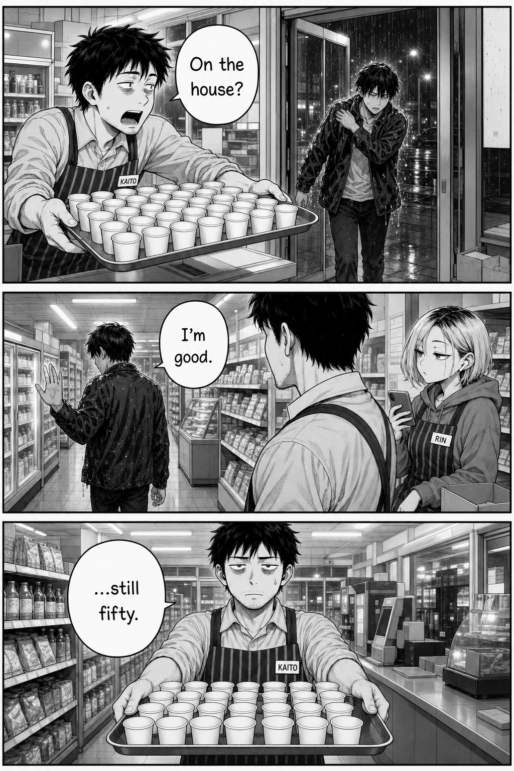 Three panels: Kaito offers the tray of cups to a night-owl customer entering from the rain; the customer waves him off; Kaito stands frozen holding the still-full tray, dead-eyed with a sweat drop.