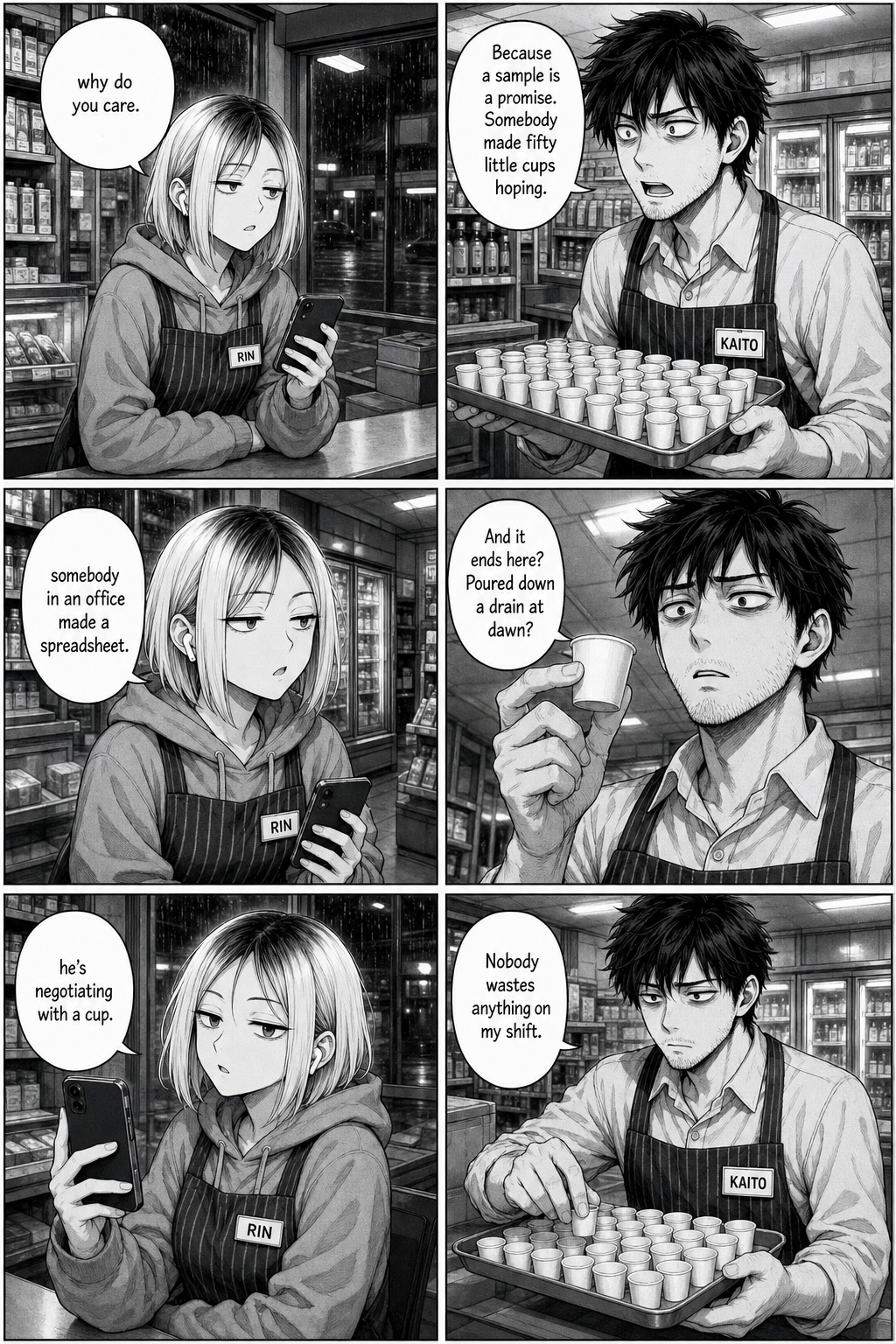 Six panels of Kaito and Rin arguing across the counter about whether free samples matter, Kaito holding the tray and a single cup, Rin flat and filming.