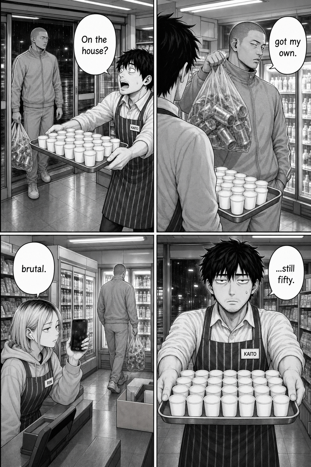 Four panels: Kaito offers cups to the tall shaved-head tracksuit regular carrying a clear bag of empty cans, who lifts the bag to decline and walks to the cooler; Rin comments; Kaito freezes with the full tray again.