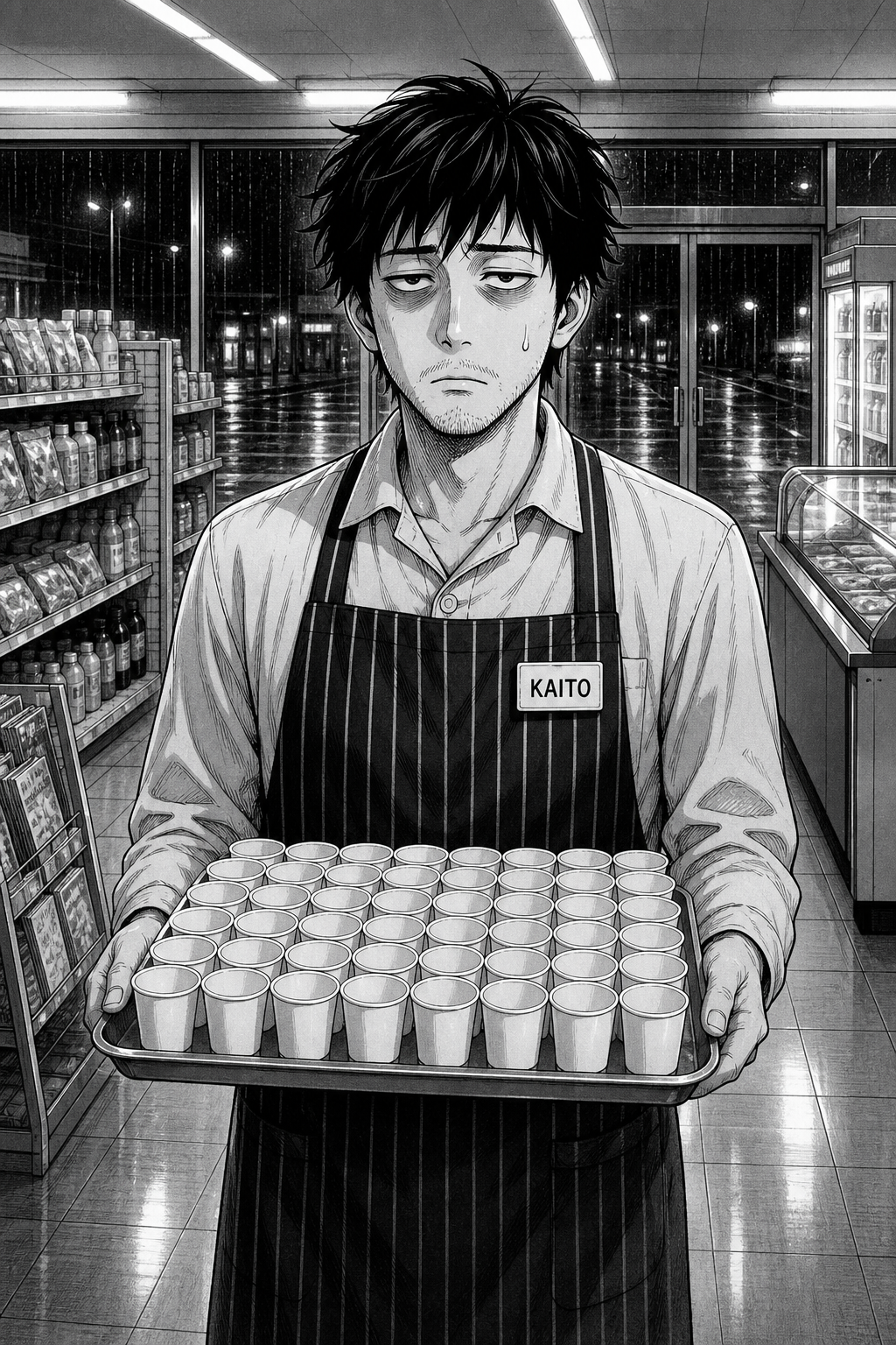 A single large silent panel: Kaito stands alone in the middle of the empty store holding the still-full tray of tiny cups in both hands, staring into the distance with a hollow, exhausted expression and one bead of sweat.