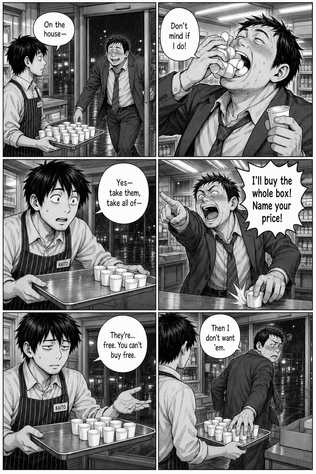 Six panels: a drunk salaryman staggers in, downs a fistful of cups, then loudly offers to buy the whole box; Kaito explains you can't buy something free, and the man puts the cups back and leaves.