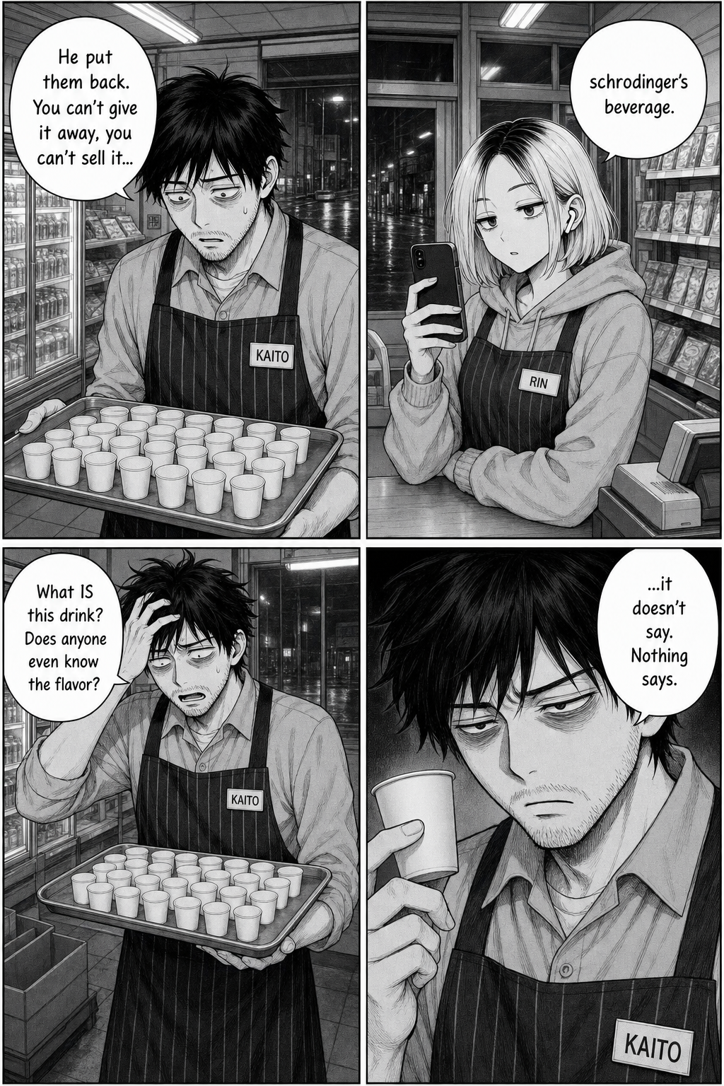Four panels: Kaito stares in disbelief at the returned cups, spirals about what the drink even is, and squints at a blank cup that gives no answer while Rin films.