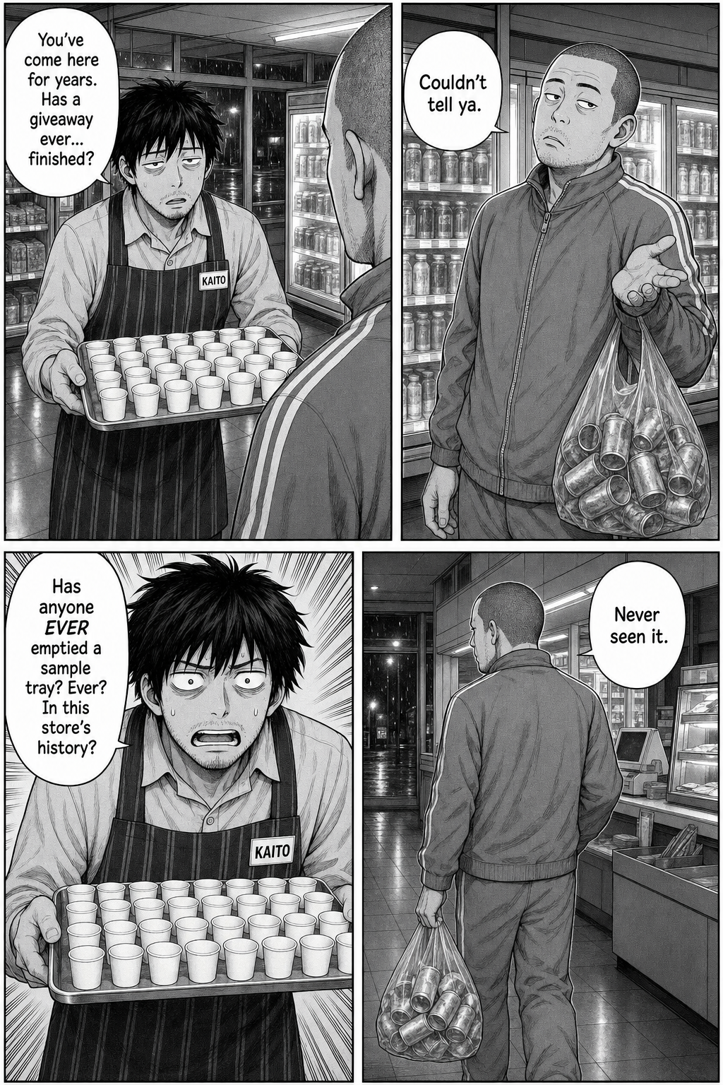 Four panels: Kaito interrogates the tracksuit regular by the cooler about whether a giveaway has ever finished in the store's history; the regular shrugs, says he's never seen it, and walks off.