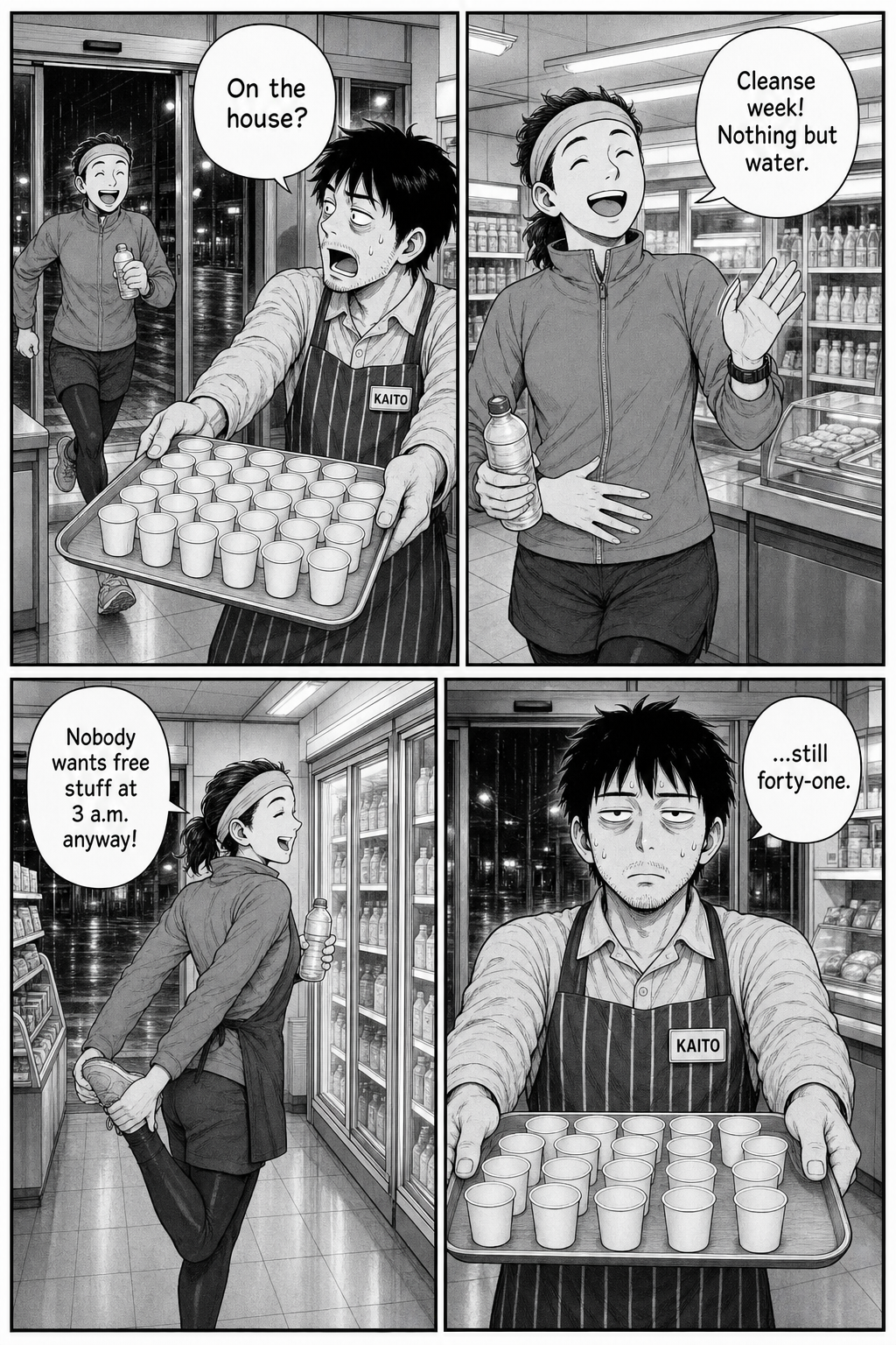 Four panels: Kaito offers cups to a cheerful jogger in a headband, who declines for a cleanse and insists nobody wants free things at 3 a.m.; Kaito freezes again with the tray, now saying the count is forty-one.