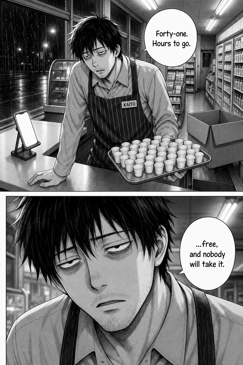 Two panels: Kaito slumps against the counter with the sagging tray beside Rin's propped phone; a close-up of his defeated face as he says the samples are free and nobody will take them.