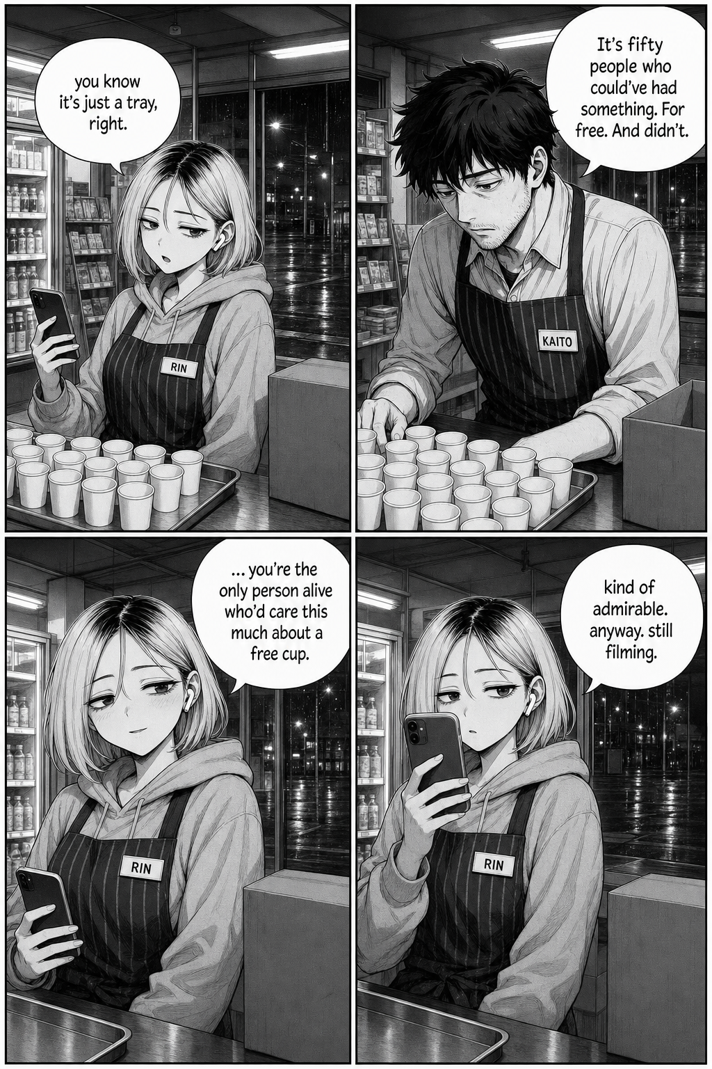 Four panels: Rin lowers her phone to actually look at Kaito, says it's just a tray; Kaito quietly insists it's fifty people who could have had something; Rin has a flicker of sincerity before raising the phone again.