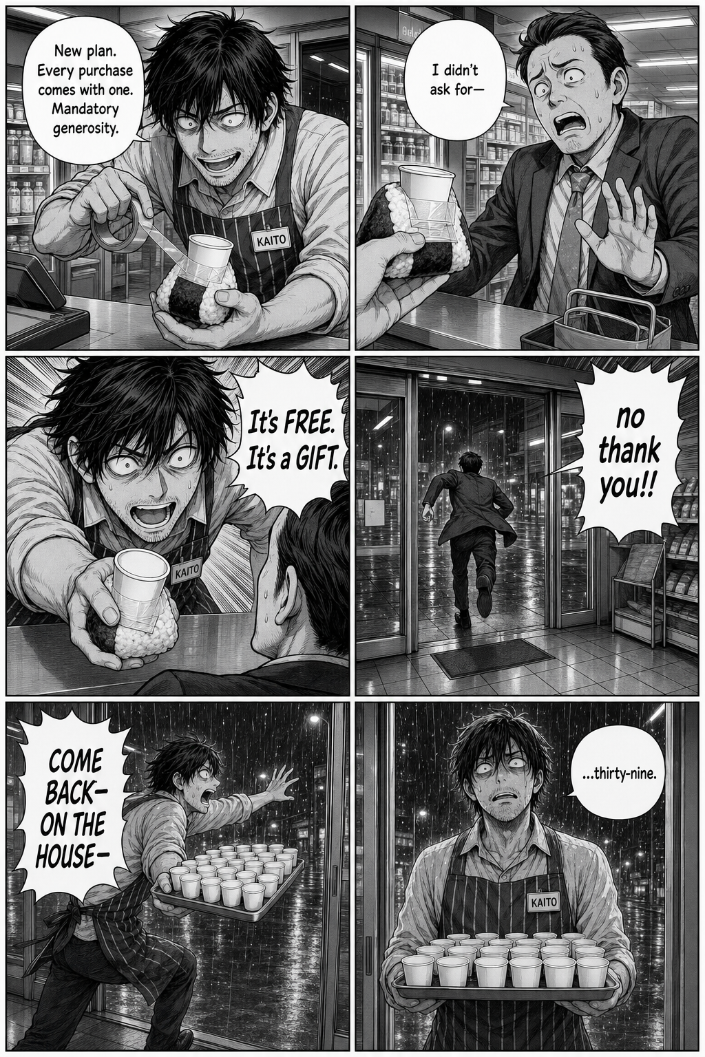 Six panels: manic Kaito tapes a cup to a customer's item and insists it's a free gift; the customer flees; Kaito chases to the doors shouting into the rain, then stands wild-eyed with the still-full tray saying thirty-nine.