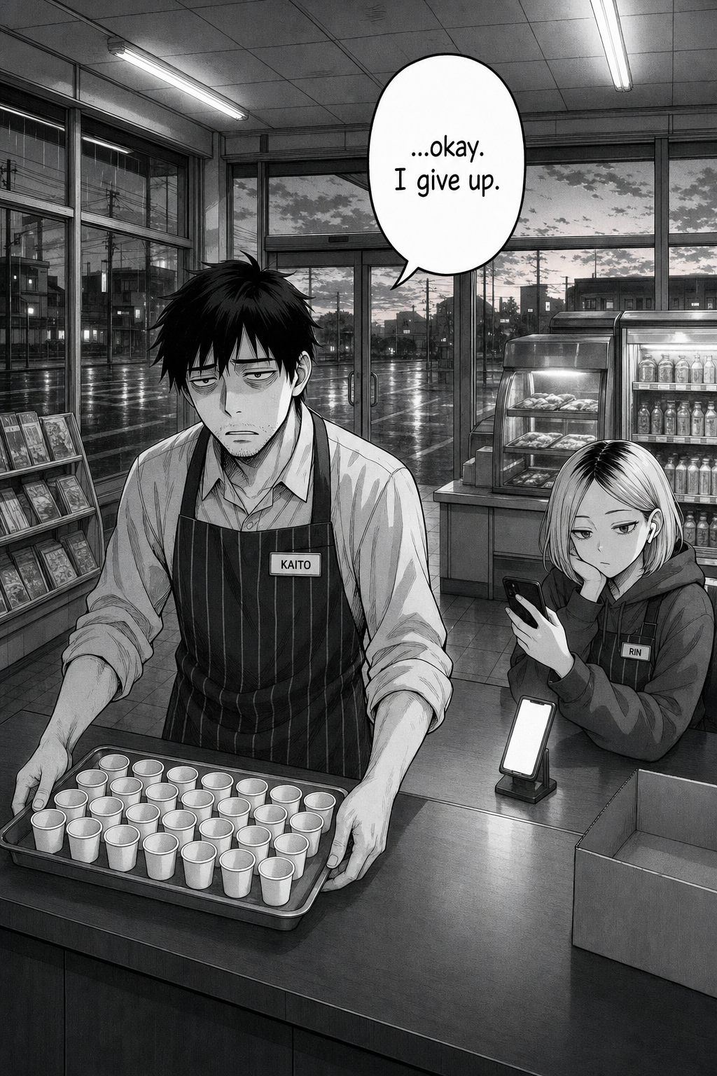 A single large panel at pre-dawn: the rush over, grey light in the windows, Kaito lowers the still-full tray to the counter, shoulders sagging, and finally gives up. Rin's phone glows on its stand.