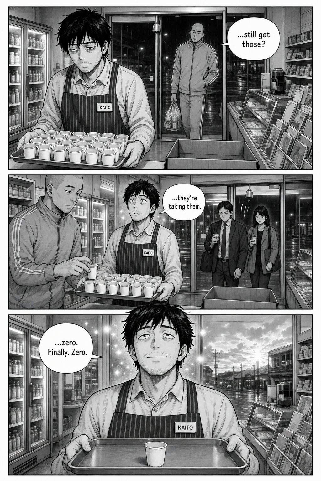 Three panels: as Kaito lowers the tray, the tracksuit regular returns and takes a cup while early commuters file in and each take one; Kaito's face melts into serene wonder as the tray empties to the last cup — the running beat inverted.