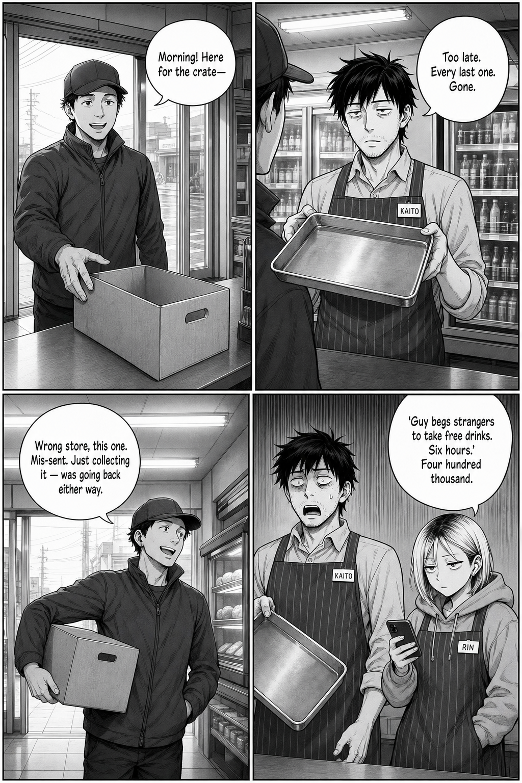 Four panels: a morning-delivery driver comes in for the crate; Kaito proudly holds up the empty tray; the driver reveals the crate was mis-sent to the wrong store and going back either way; Kaito freezes in horror as Rin reveals her stream hit four hundred thousand.