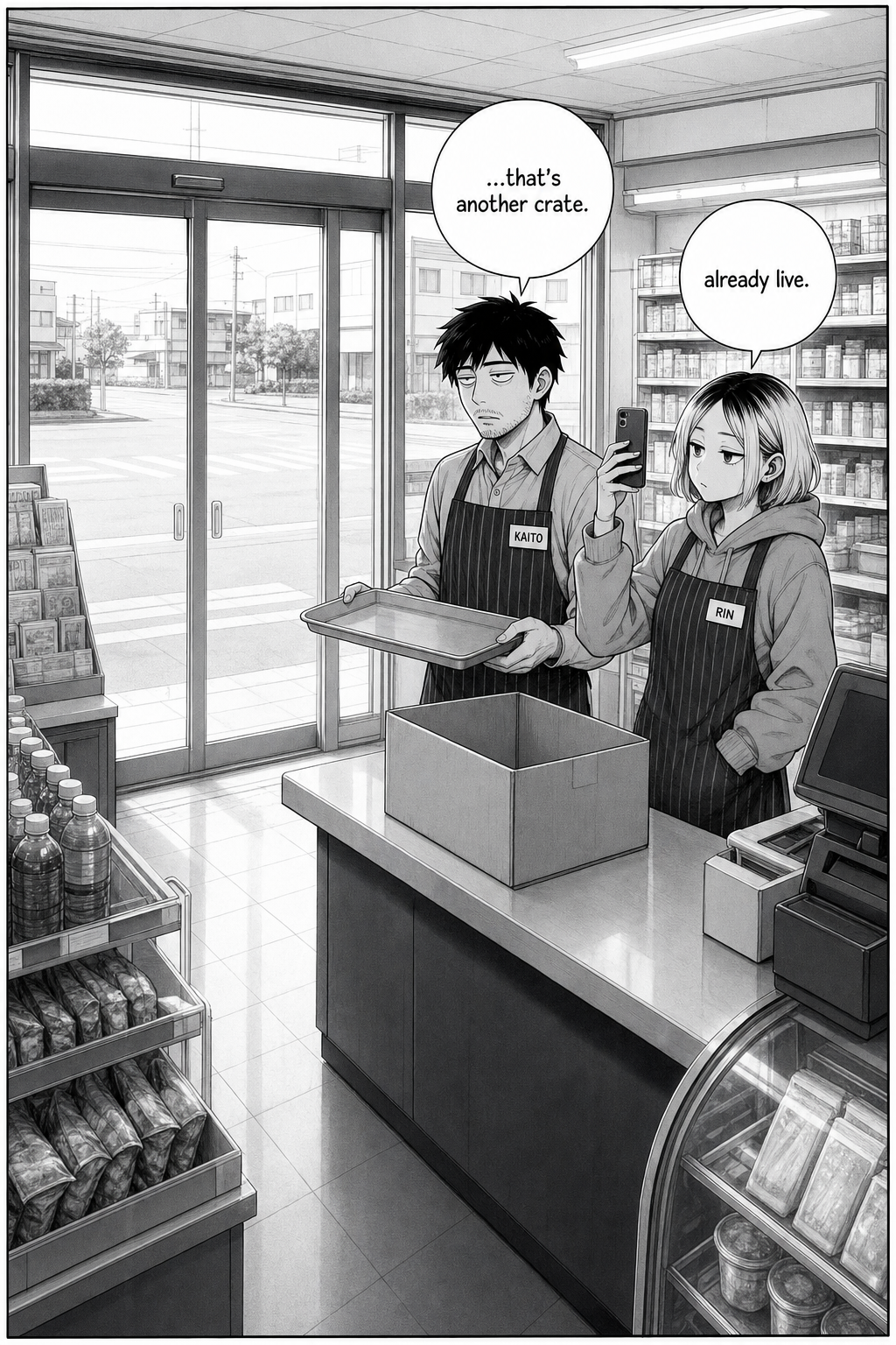 A single wide daylight panel mirroring the opening: the same view of the store now flooded with morning light, rain gone. Kaito stands where he began holding the empty tray; Rin films beside him; another plain crate sits on the bare counter.