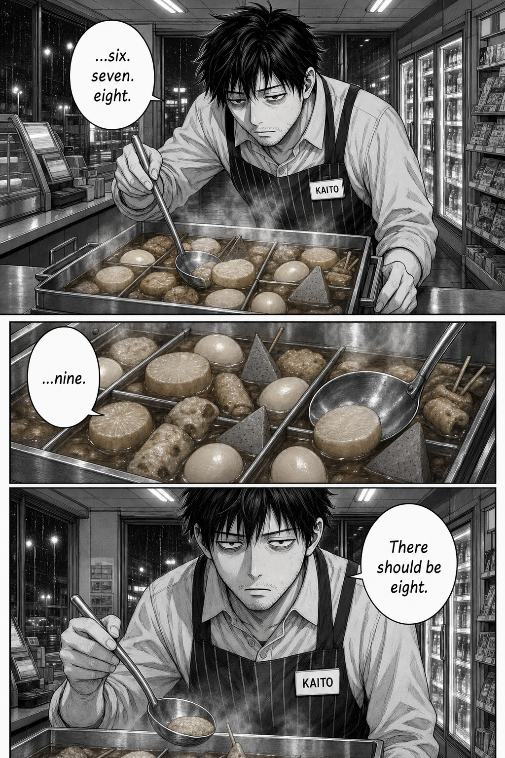 Three panels: Kaito counts oden pieces with his ladle, reaches "nine," then freezes with a flat deadpan stare, realizing there should be eight.