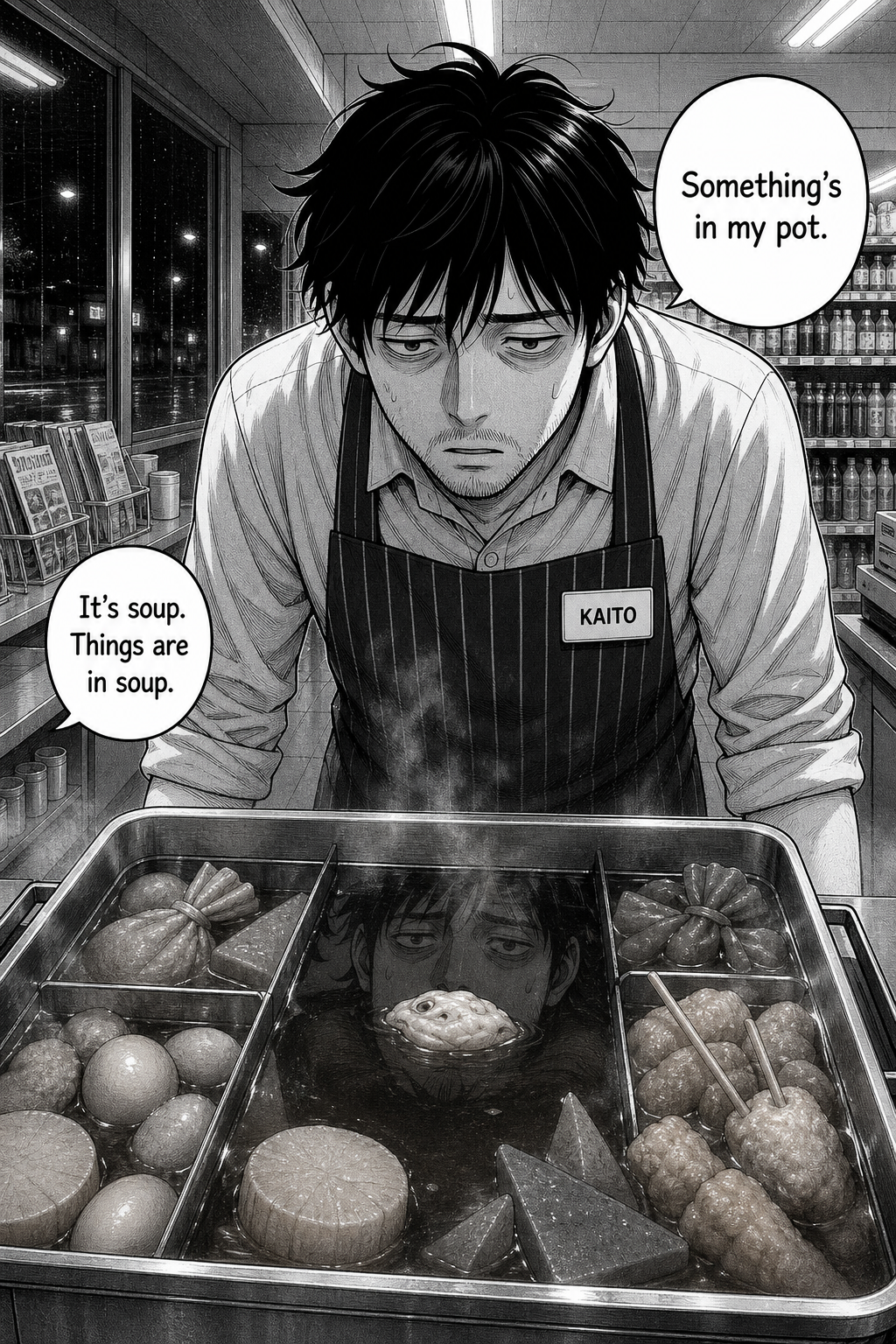 A single held panel: Kaito stares grimly into the steaming oden pot, his tired face faintly reflected in the dark broth. Off-panel, Rin flatly points out that it is soup.