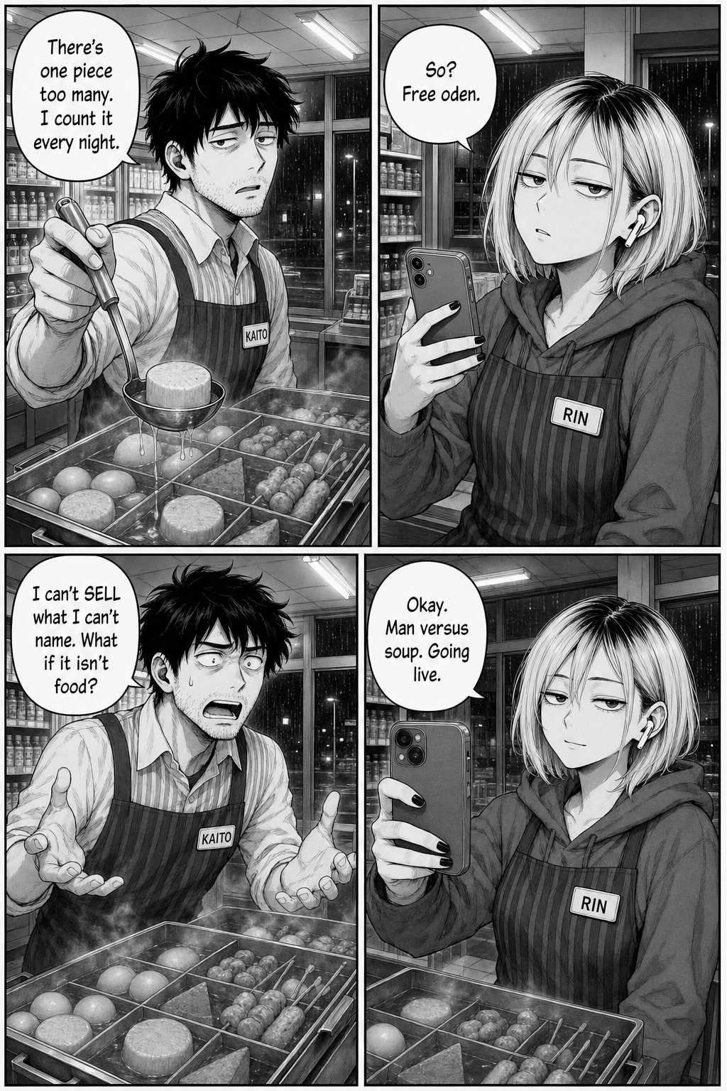 Four panels: Kaito holds up the dripping ladle insisting there's one piece too many; Rin, bored with her phone and RIN name tag, shrugs "free oden," then raises the phone to livestream "man versus soup."
