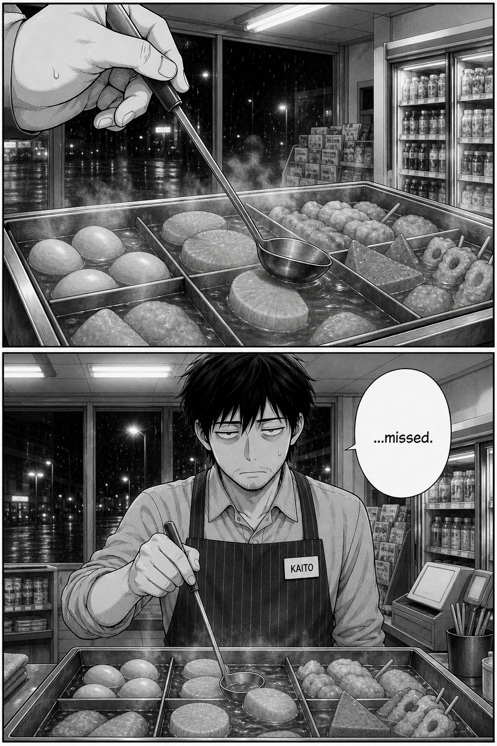 Two panels: a close-up of Kaito's hand lowering the ladle toward the broth with a bead of sweat, then Kaito dead-eyed as the extra piece slips away behind a daikon round.