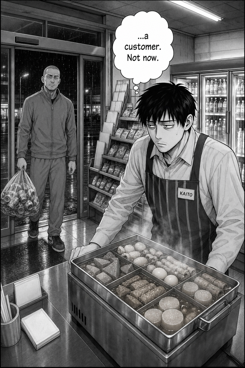 Wide panel: the store's sliding doors open and the tracksuit regular — tall, shaved head, grey tracksuit, clear plastic bag of empty cans — steps in from the rain. Behind the oden pot Kaito straightens up, tense.