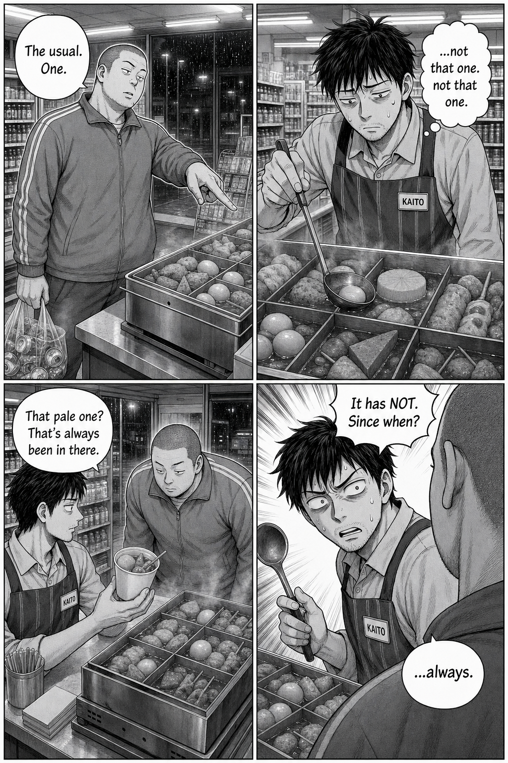 Four panels: the tracksuit regular orders "the usual," Kaito carefully ladles around the mystery piece, the regular claims the pale piece has "always been in there," and Kaito wheels around wide-eyed demanding "since when?"