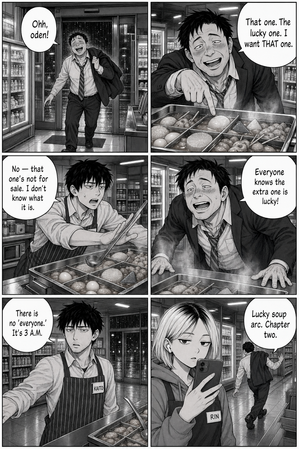 Six panels: a drunk salaryman staggers in delighted, points at the extra piece calling it "the lucky one," demands to buy it; Kaito blocks the pot and refuses; Rin films and deadpans "lucky soup arc."