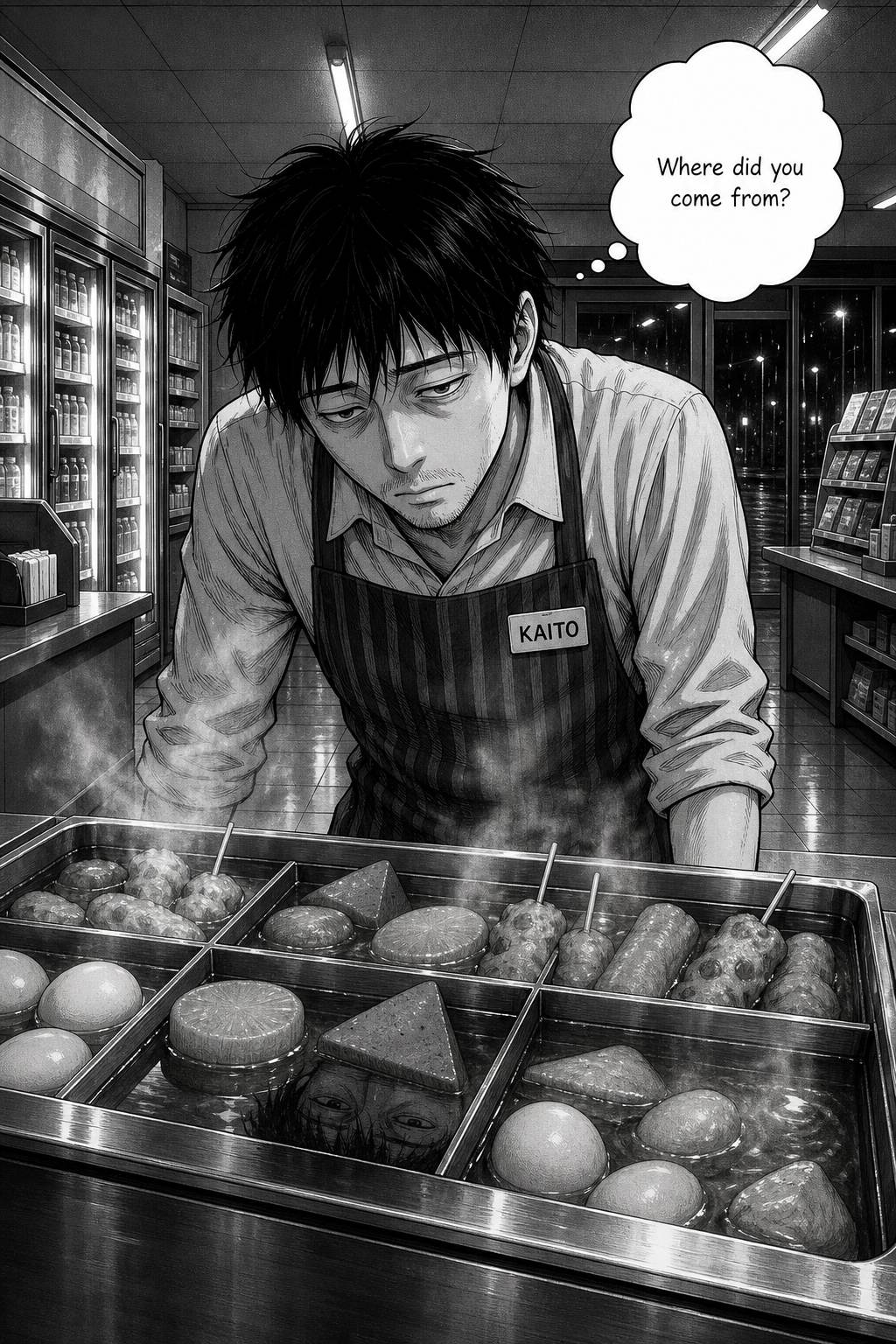 A single held panel: Kaito alone at 4 A.M., leaning over the steaming oden pot under harsh fluorescent light, exhausted and obsessed, his dark reflection in the broth.