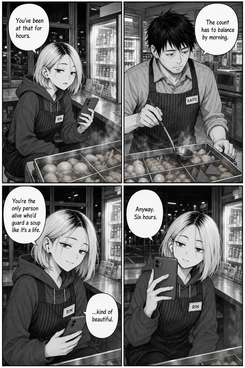 Four panels: Rin, seated with her phone, tells Kaito he's been at it for hours; he says the count has to balance by morning; she softens — "you'd guard a soup like it's a life... kind of beautiful" — then raises the phone again, "Anyway. Six hours."