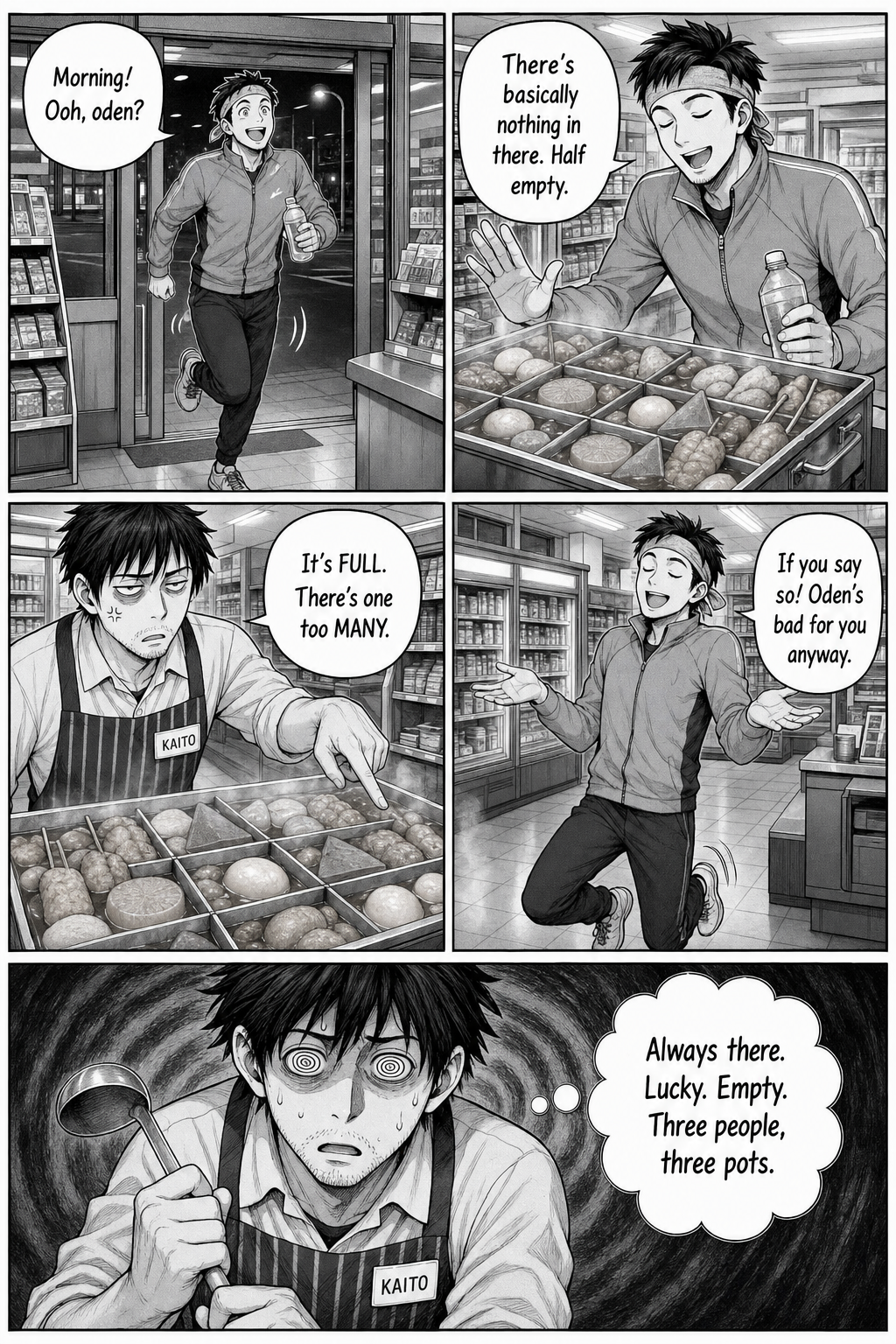 Five panels: a cheerful jogger enters, peers in and insists the pot is "basically empty"; Kaito snaps that it's FULL with one too many; the jogger shrugs it off; Kaito spirals with dizzy eyes — "three people, three pots."