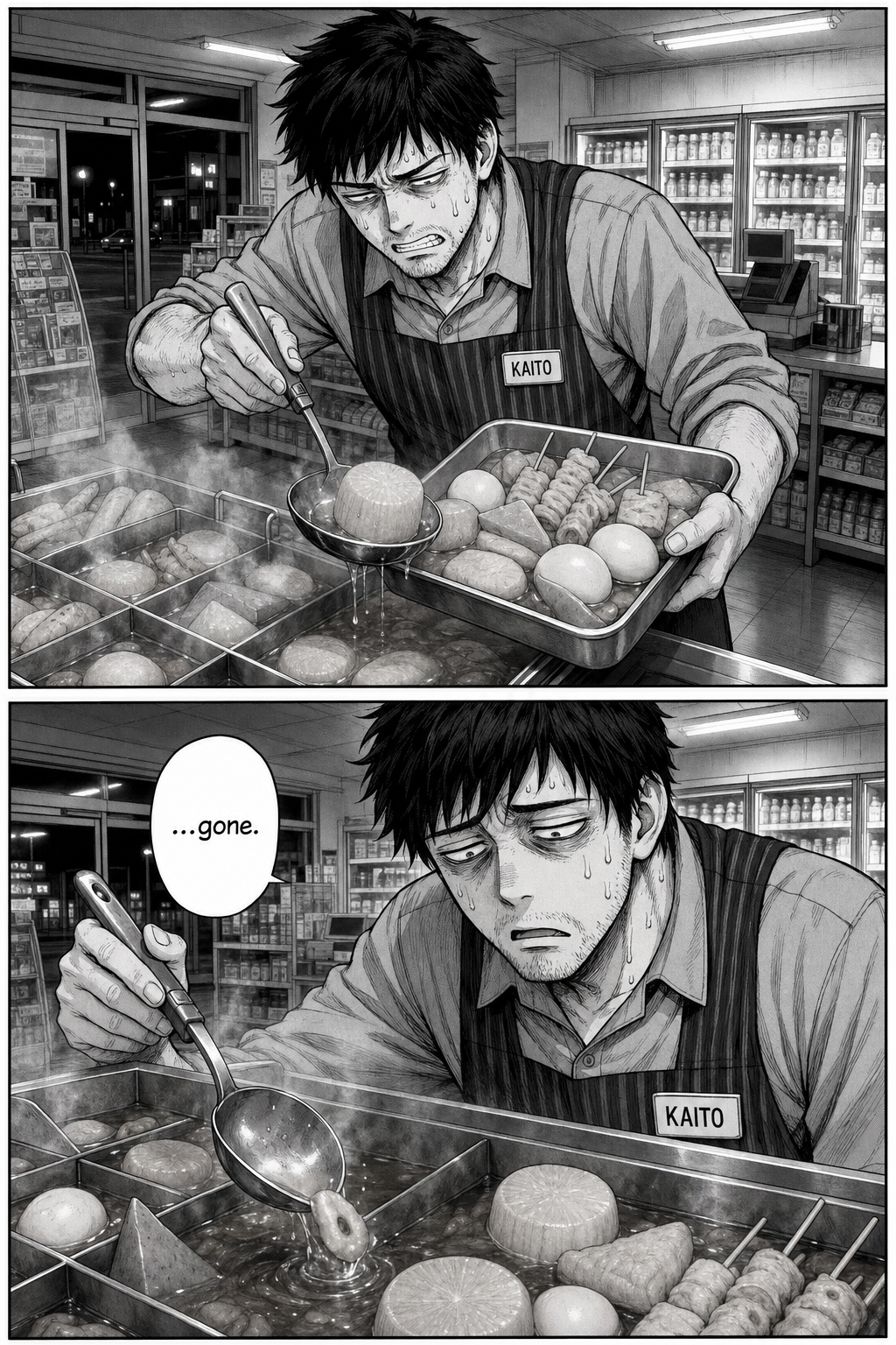 Two panels: Kaito grimly strains the whole oden pot piece by piece onto a metal tray, sweating and determined, then goes hollow-eyed as the pale piece slides off the ladle and hides beneath a daikon round.