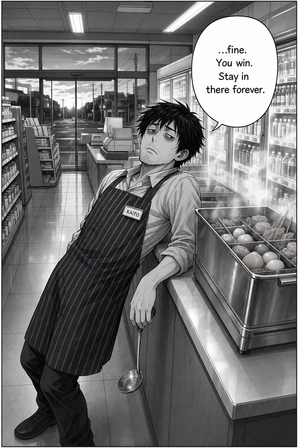 A single held panel: Kaito slumps sideways against the counter beside the oden pot, ladle hanging limp, the first grey dawn showing at the windows. He gives up: "...fine. You win. Stay in there forever."