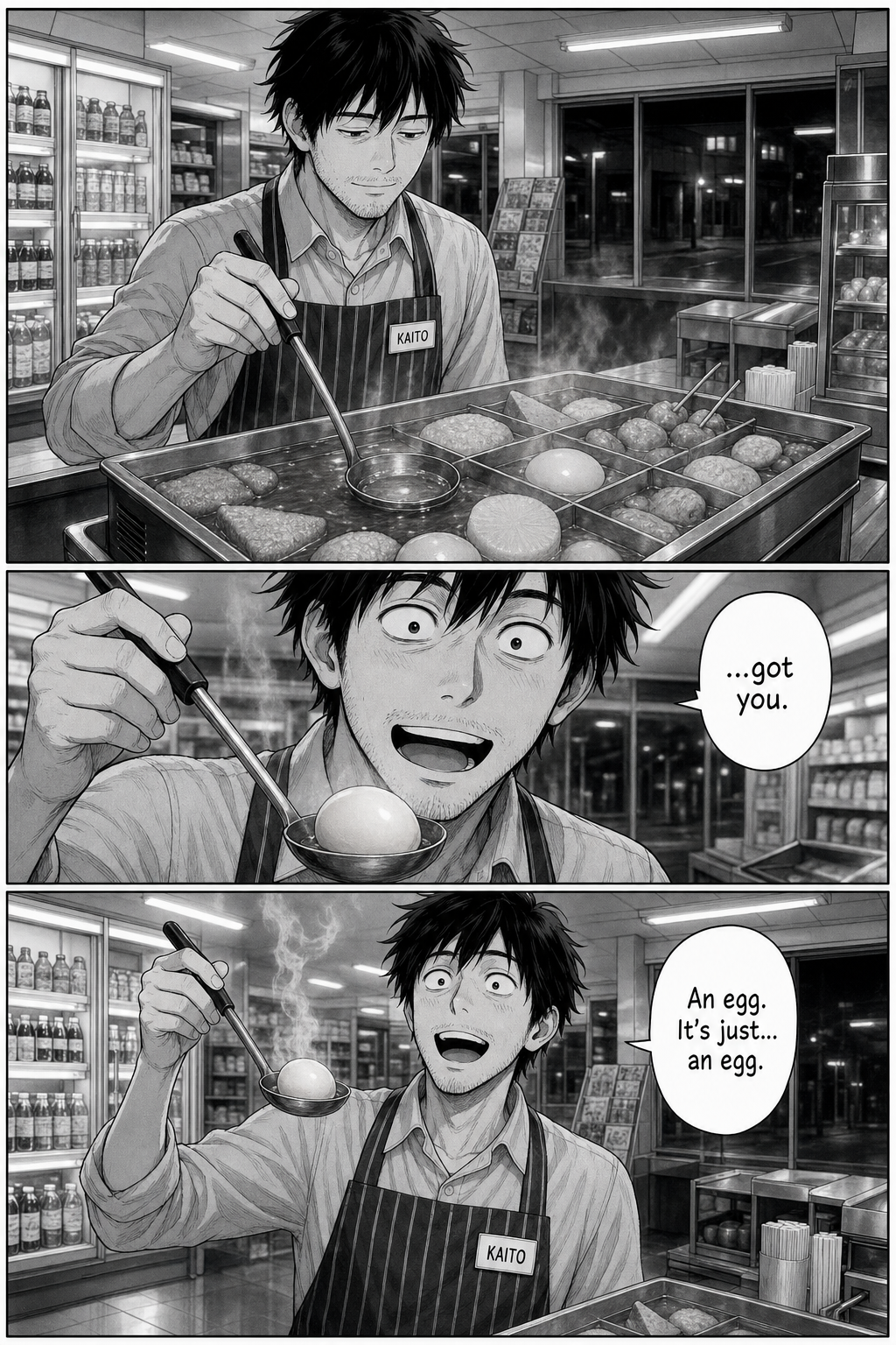 Three panels: calm and emptied out, Kaito lifts the ladle just to skim the pot — and the pale piece finally rests in the bowl of the ladle. His eyes snap wide with joy: "...got you." He lifts a single plain hard-boiled egg free of the broth: "An egg. It's just... an egg."