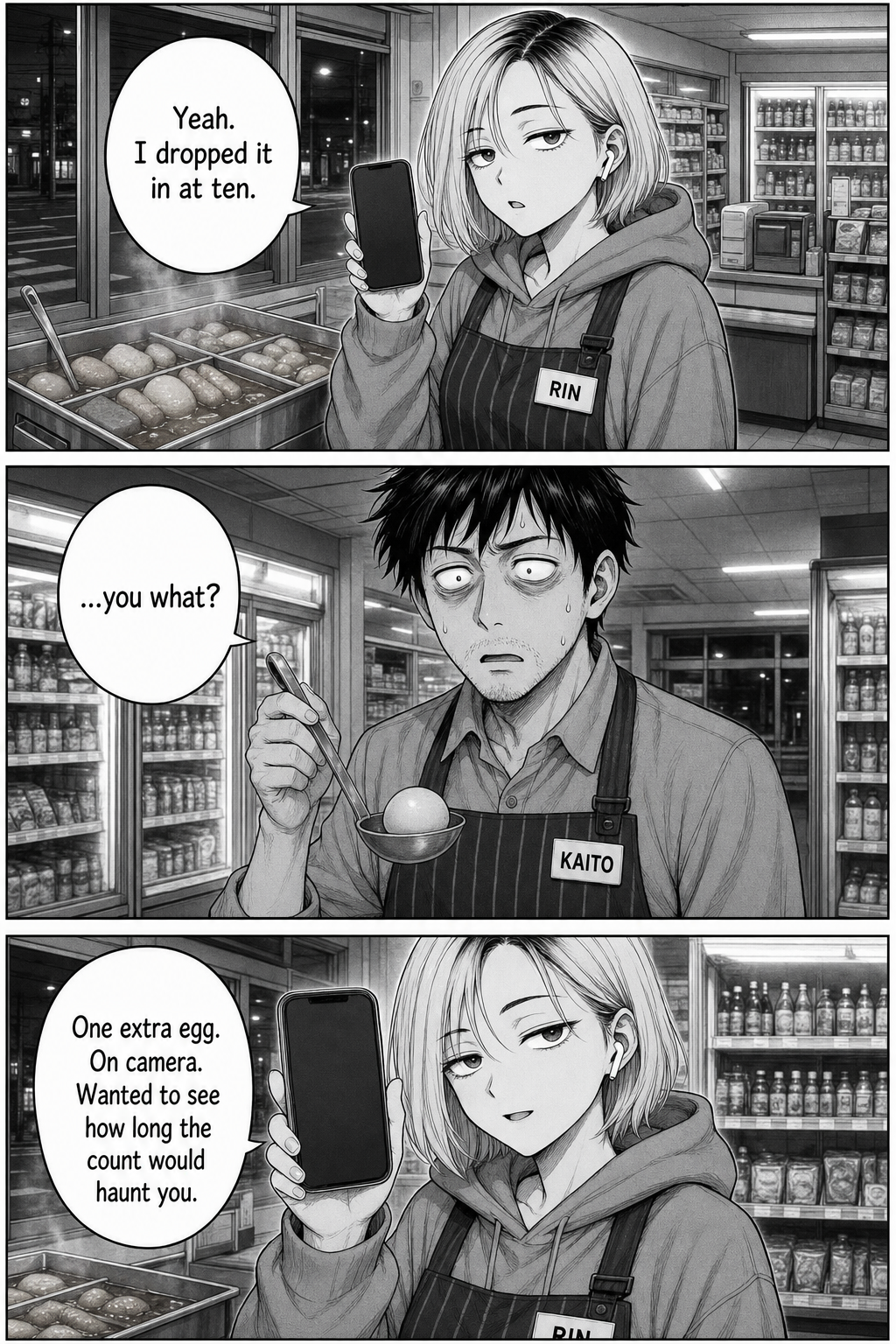 Three panels: Rin, phone in hand and RIN name tag, admits she dropped the extra egg in at ten o'clock; Kaito freezes, egg still on the ladle — "...you what?"; Rin turns her blank phone screen toward him, deadpan, explaining she wanted to see how long the count would haunt him.