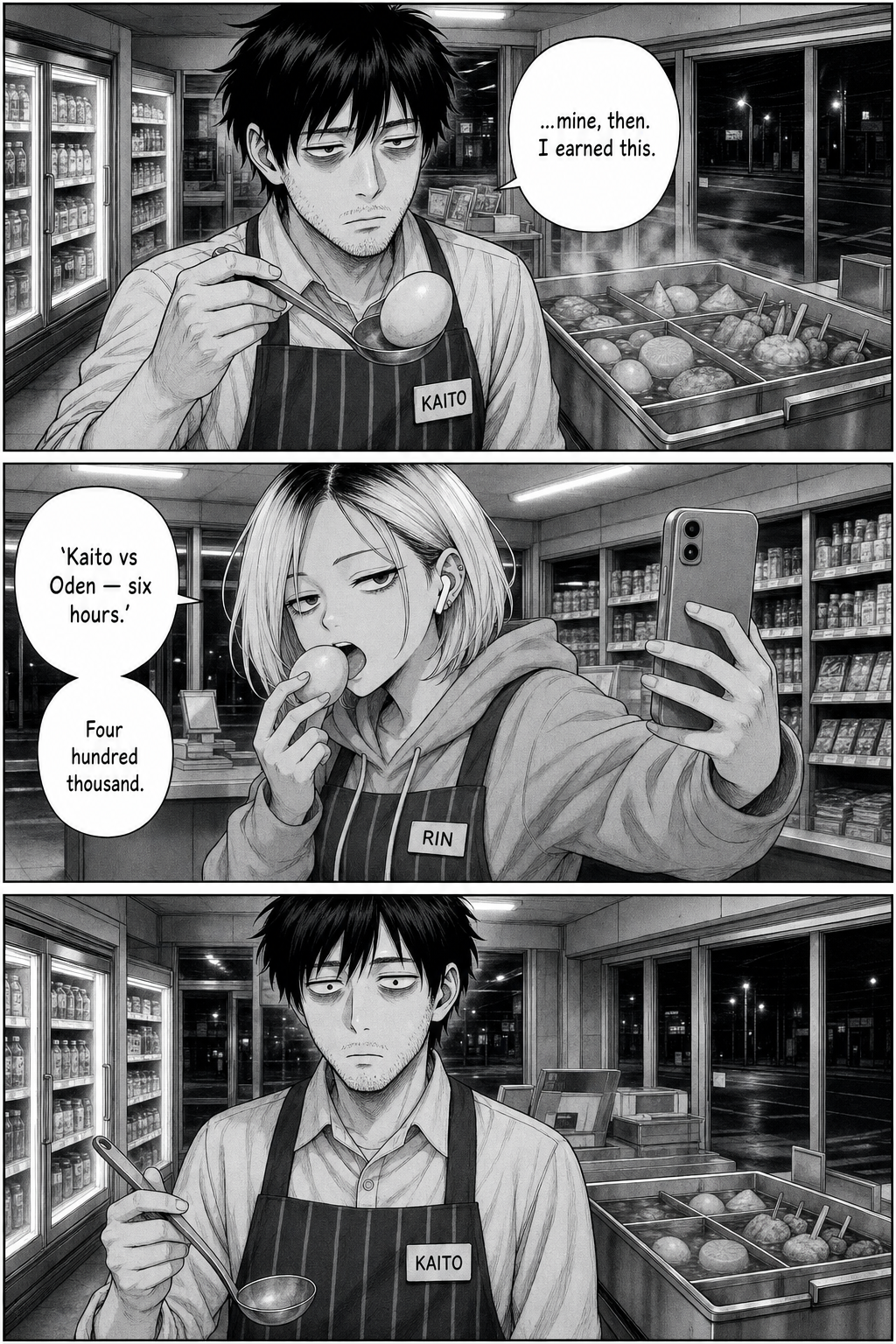Three panels: with the pot finally balanced, Kaito brings the hard-won egg toward his mouth — "...mine, then. I earned this." — Rin's hand darts in, plucks it and bites it on camera, "'Kaito vs Oden — six hours.' Four hundred thousand." Kaito stands holding an empty ladle, blank.