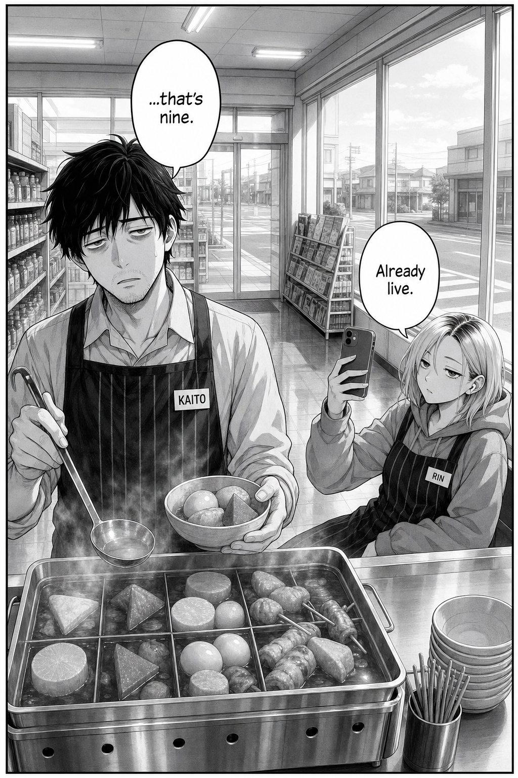 Wide dawn panel mirroring page 1: pale daylight, rain stopped, the oden pot steaming and balanced. Kaito counts with his ladle, face just beginning to fall — "...that's nine." — while Rin, phone already raised, deadpans "Already live."