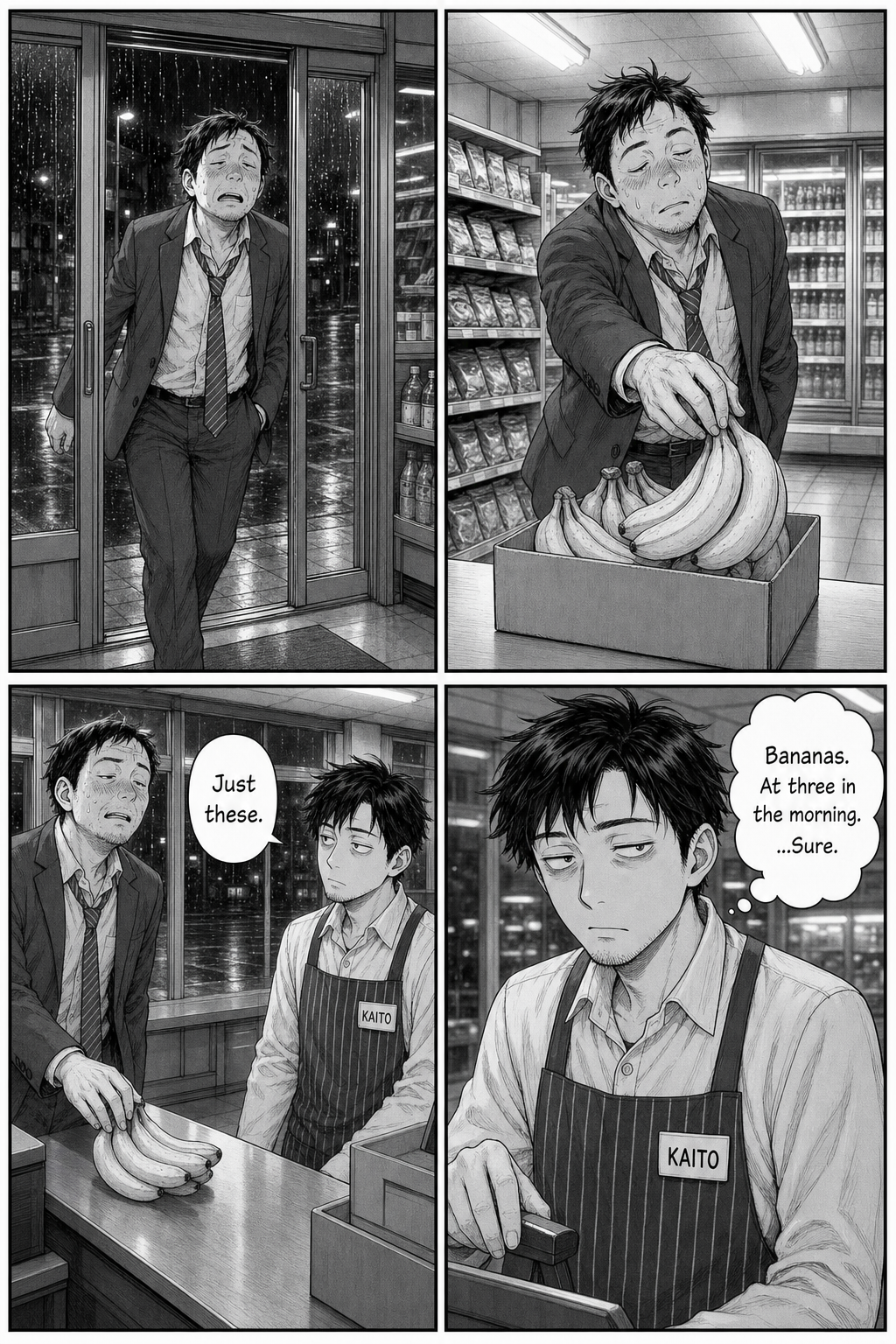A drunk salaryman enters from the rain, walks straight to the crate, grabs a bunch of bananas, and buys only that while Kaito watches, deadpan.
