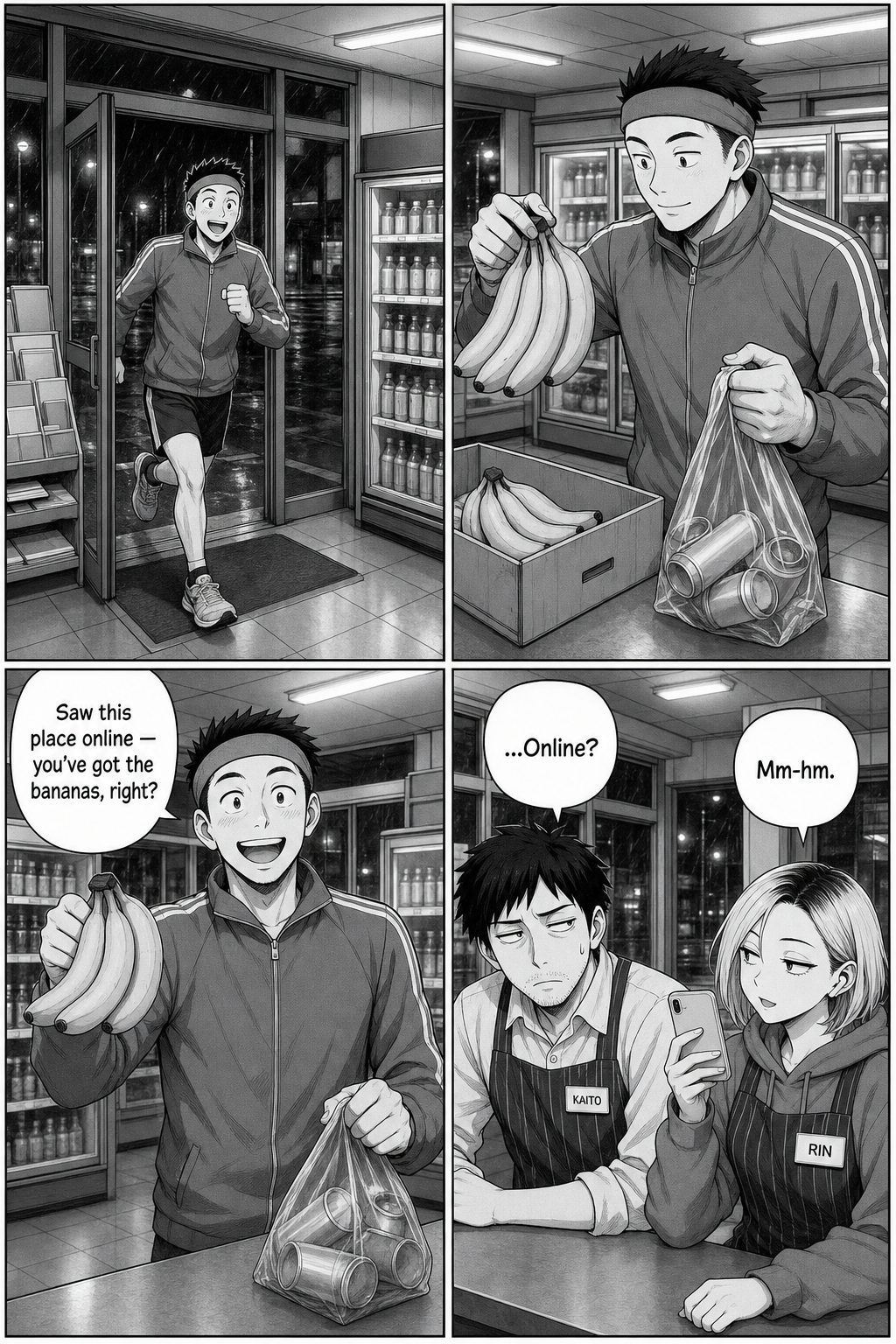 A cheerful jogger comes in, also takes bananas, and mentions seeing the place online; Kaito glances suspiciously at Rin, who says "Mm-hm."