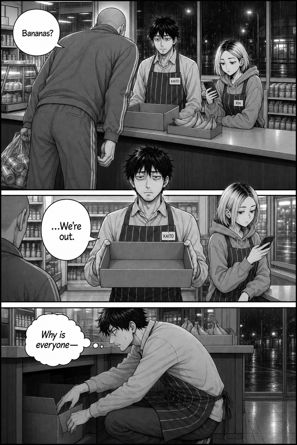 Running gag: a customer asks for bananas and Kaito holds up the empty crate, dead-eyed, saying "...We're out," then crouches to restock.