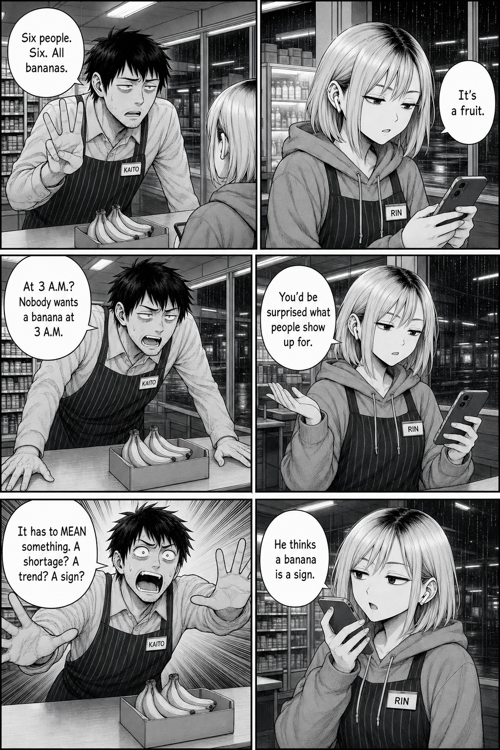Dense six-panel page: Kaito insists the banana demand must mean something while Rin, scrolling, deadpans that a banana is not a sign.