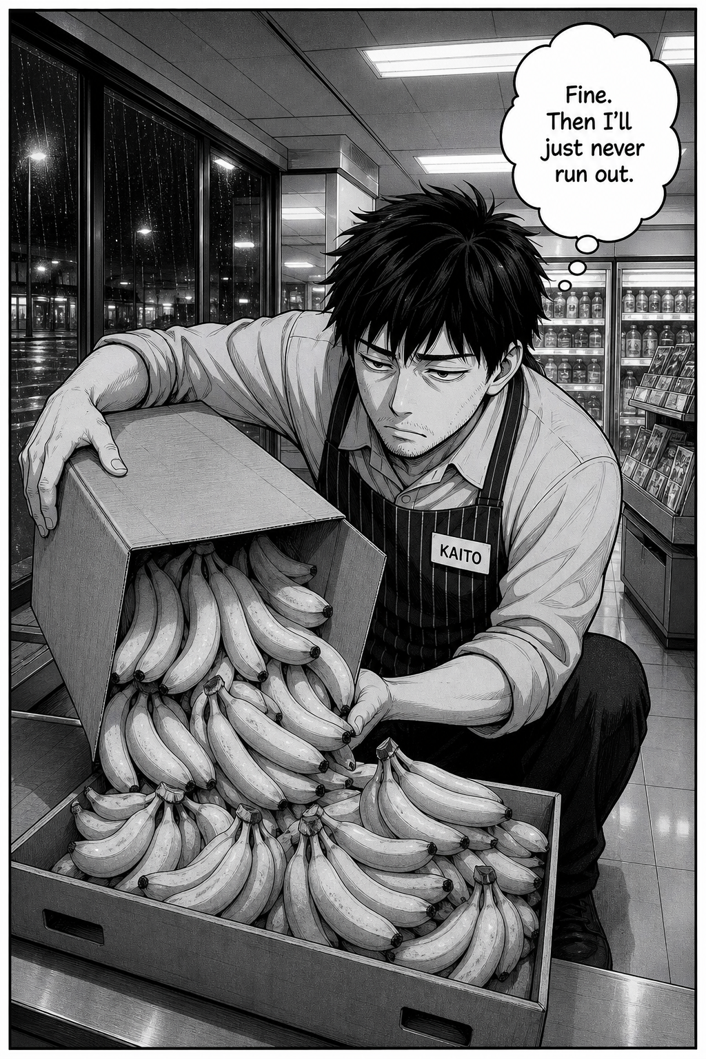 Kaito crouches and tips a big box of banana bunches into the counter crate until it is heaped full, grimly determined never to run out.